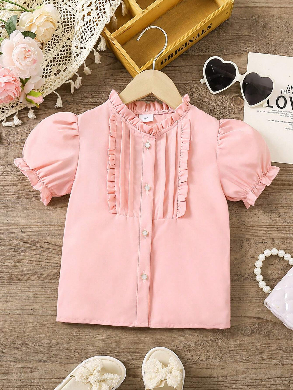 Young Girl New Fashionable And Simple Frill Trim Shirt With Puff Sleeve For Summer