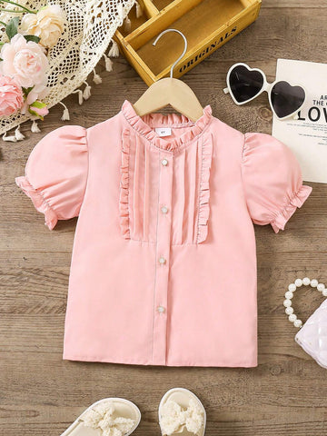 Young Girl New Fashionable And Simple Frill Trim Shirt With Puff Sleeve For Summer