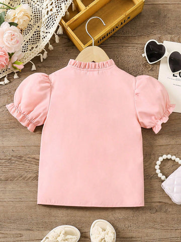 Young Girl New Fashionable And Simple Frill Trim Shirt With Puff Sleeve For Summer