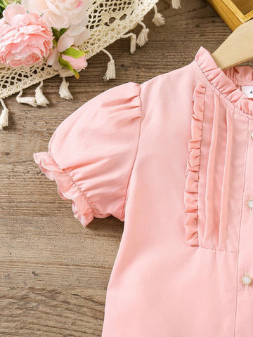 Young Girl New Fashionable And Simple Frill Trim Shirt With Puff Sleeve For Summer