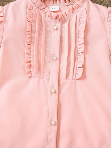 Young Girl New Fashionable And Simple Frill Trim Shirt With Puff Sleeve For Summer