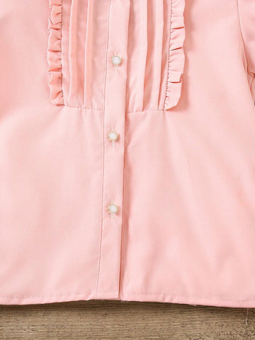 Young Girl New Fashionable And Simple Frill Trim Shirt With Puff Sleeve For Summer