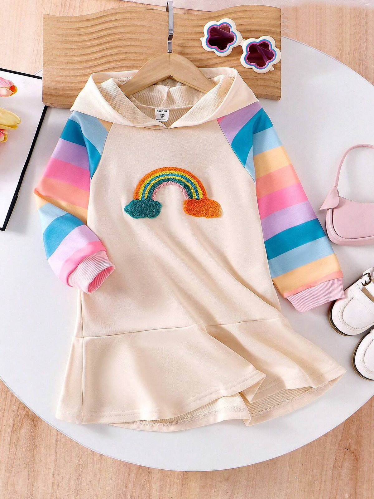 Young Girl'' New Hooded Long Sleeve Dress, Colorful Sleeve Panel, Solid Color Sweatshirt, Ruffle Hem, Cute Rainbow Embroidery, Fashionable