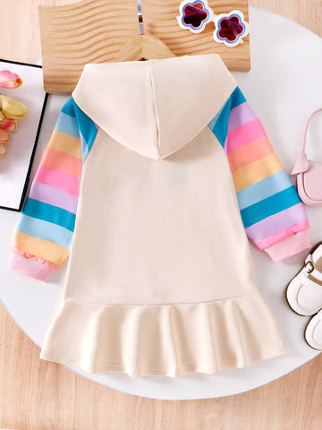 Young Girl'' New Hooded Long Sleeve Dress, Colorful Sleeve Panel, Solid Color Sweatshirt, Ruffle Hem, Cute Rainbow Embroidery, Fashionable