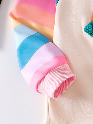 Young Girl'' New Hooded Long Sleeve Dress, Colorful Sleeve Panel, Solid Color Sweatshirt, Ruffle Hem, Cute Rainbow Embroidery, Fashionable