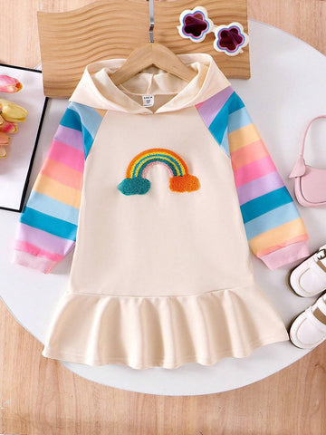 Young Girl'' New Hooded Long Sleeve Dress, Colorful Sleeve Panel, Solid Color Sweatshirt, Ruffle Hem, Cute Rainbow Embroidery, Fashionable
