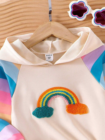 Young Girl'' New Hooded Long Sleeve Dress, Colorful Sleeve Panel, Solid Color Sweatshirt, Ruffle Hem, Cute Rainbow Embroidery, Fashionable