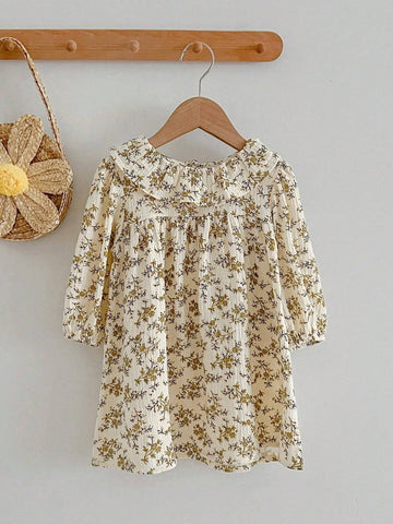 Young Girl New Spring/Autumn Plant Print Long Sleeve Dress