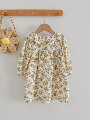 Young Girl New Spring/Autumn Plant Print Long Sleeve Dress