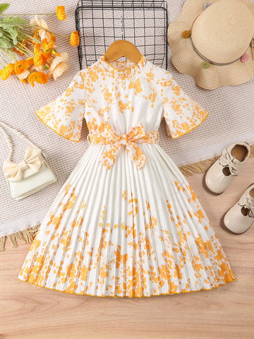 Young Girl New Spring Autumn Vintage Elegant Dress For 4-7 Years Old Girls, Short Sleeve Lapel Waist Single-Breasted A-Line