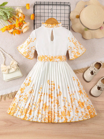 Young Girl New Spring Autumn Vintage Elegant Dress For 4-7 Years Old Girls, Short Sleeve Lapel Waist Single-Breasted A-Line