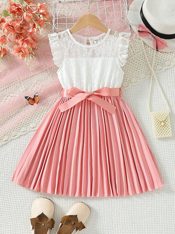 Young Girl New Style Lace Flying Sleeve Belted Princess Dress With Pleated Hem
