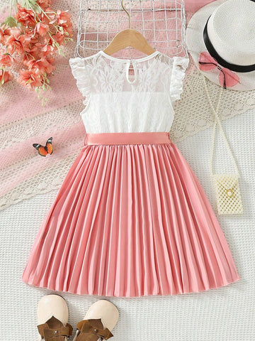 Young Girl New Style Lace Flying Sleeve Belted Princess Dress With Pleated Hem