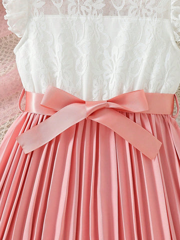 Young Girl New Style Lace Flying Sleeve Belted Princess Dress With Pleated Hem