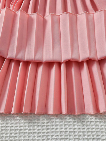 Young Girl New Style Lace Flying Sleeve Belted Princess Dress With Pleated Hem