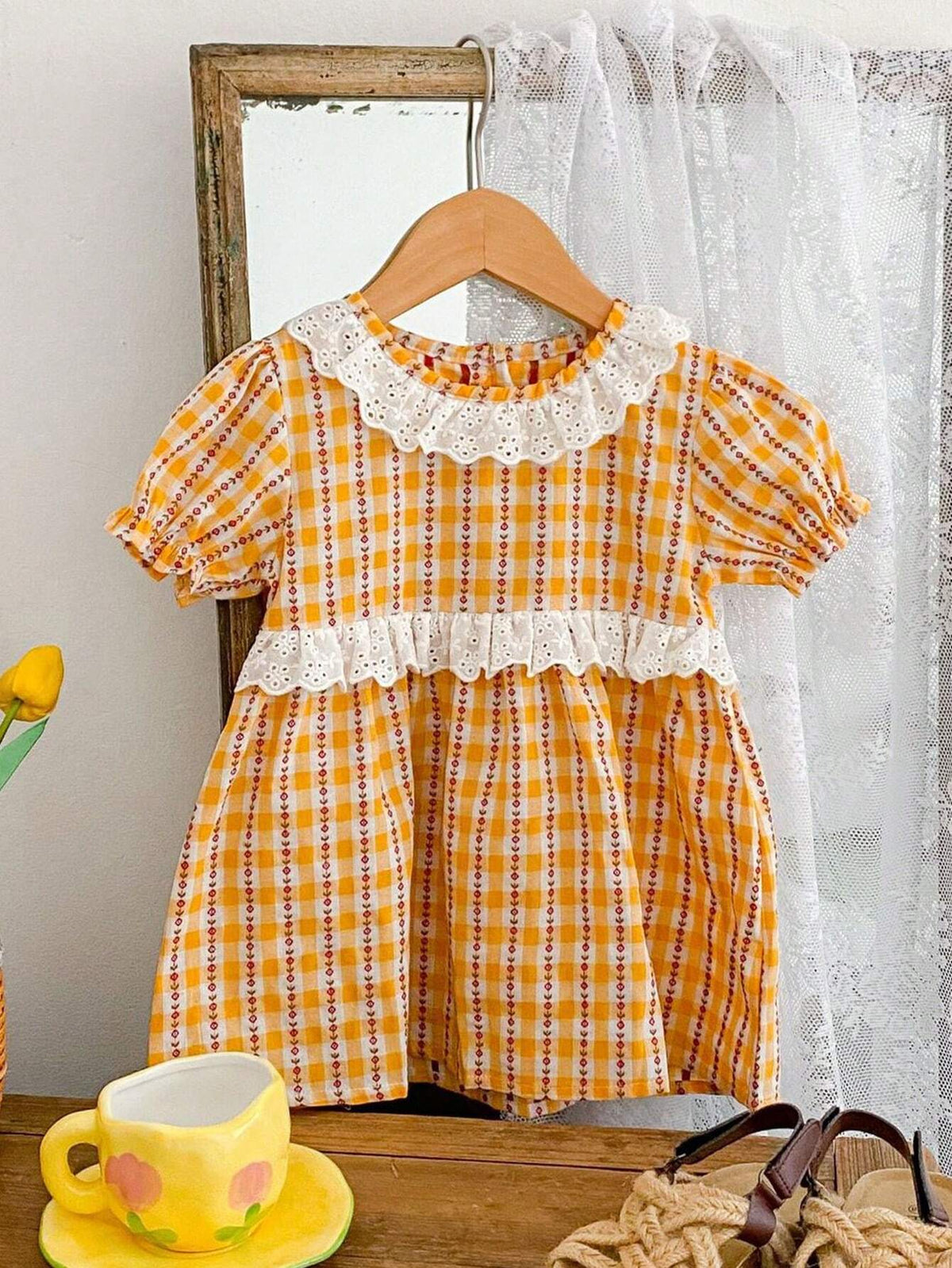Young Girl New Summer Collection, Lovely Grid Dress With Small Floral Print And Ruffled Collar