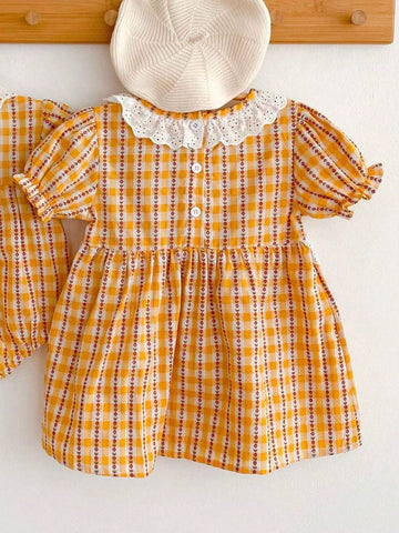 Young Girl New Summer Collection, Lovely Grid Dress With Small Floral Print And Ruffled Collar