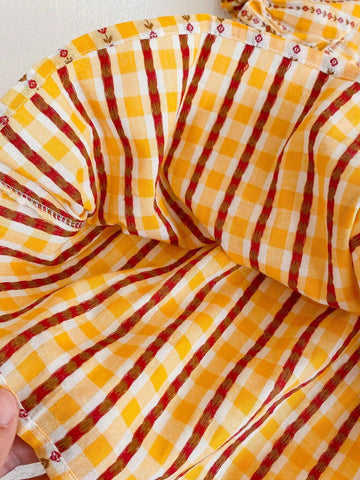 Young Girl New Summer Collection, Lovely Grid Dress With Small Floral Print And Ruffled Collar