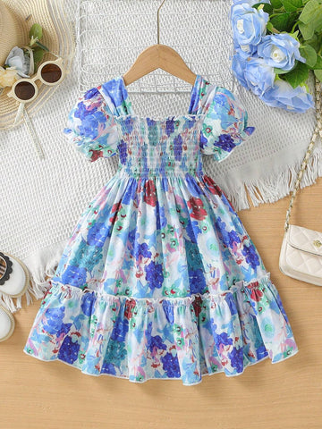 Young Girl New Summer Dress , Sweet And Fresh Printed Short-Sleeved Dress, Fashionable Bubble Sleeve Princess Dress