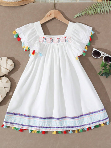 Young Girl New Summer Floral Printed Fringed Decorated Square Neck Ruffle Sleeved Dress