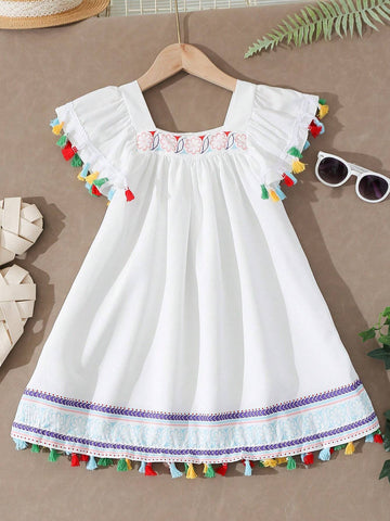 Young Girl New Summer Floral Printed Fringed Decorated Square Neck Ruffle Sleeved Dress