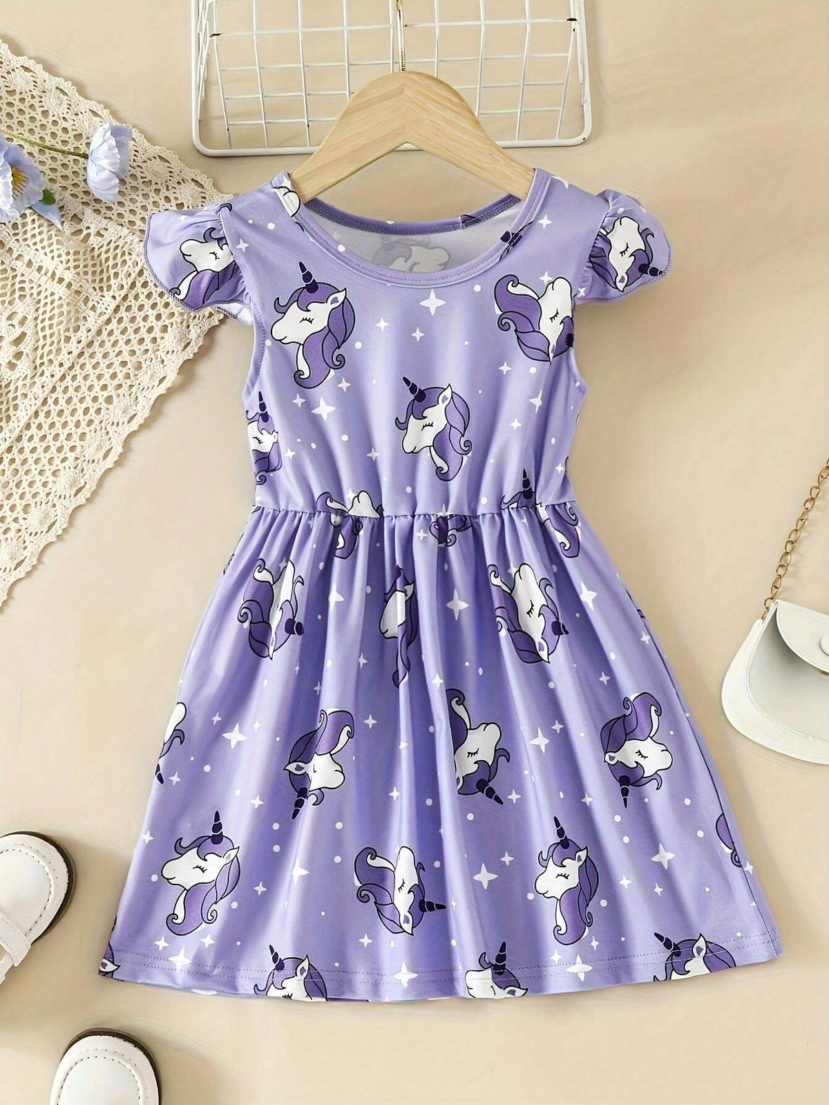 Young Girl New Summer Flying Sleeve Princess Style Unicorn Printed Dress With Drawstring Waist, Cool And Breezy