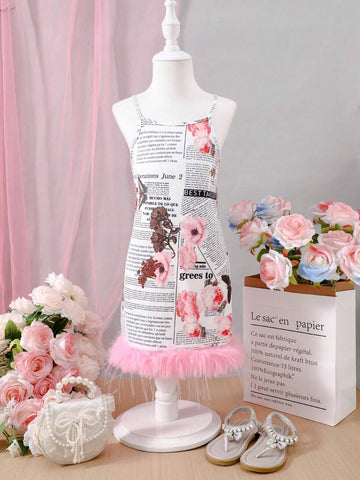 Young Girl Newspaper Print Strappy Dress