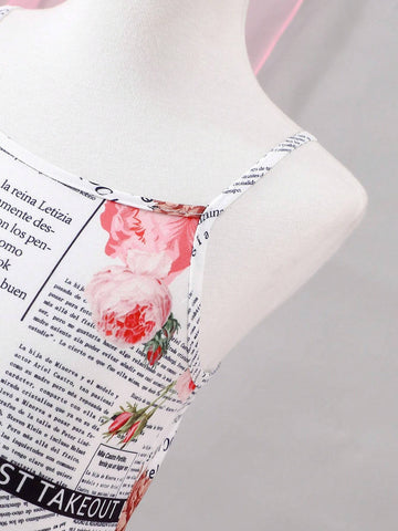 Young Girl Newspaper Print Strappy Dress