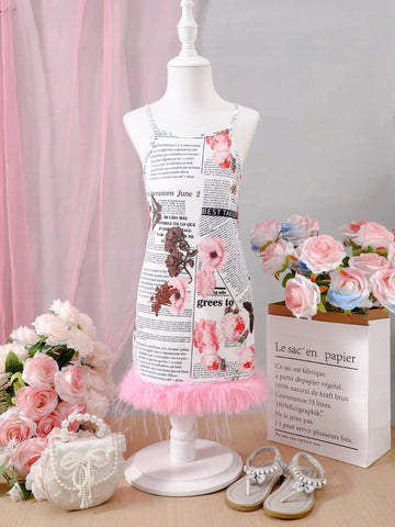 Young Girl Newspaper Print Strappy Dress