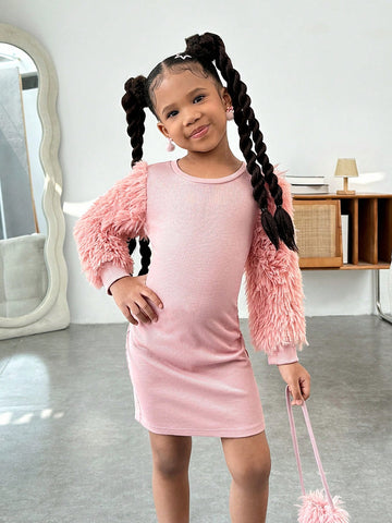 Young Girl Nova Glow Young Girl Fashion Party Cocktail Dress With Faux Fur Splice Long Sleeve And Crossbody Bag