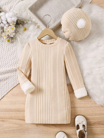 Young Girl Casual Knit Crew Neck Long Sleeve Dress With Matching Hat