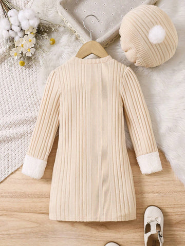 Young Girl Casual Knit Crew Neck Long Sleeve Dress With Matching Hat