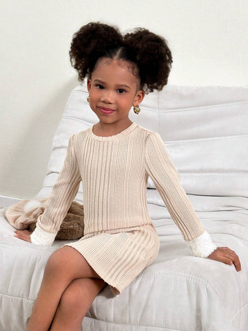 Young Girl Casual Knit Crew Neck Long Sleeve Dress With Matching Hat