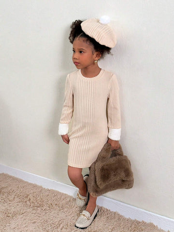 Young Girl Casual Knit Crew Neck Long Sleeve Dress With Matching Hat