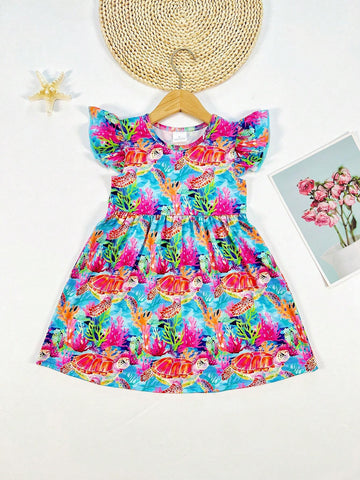 Young Girl Ocean Animal Printed Dress With Turtle, Seaweed And Ruffle Detail For Spring, Summer And Autumn