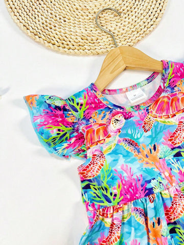 Young Girl Ocean Animal Printed Dress With Turtle, Seaweed And Ruffle Detail For Spring, Summer And Autumn