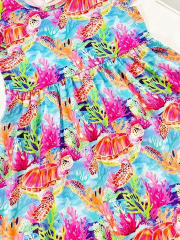 Young Girl Ocean Animal Printed Dress With Turtle, Seaweed And Ruffle Detail For Spring, Summer And Autumn