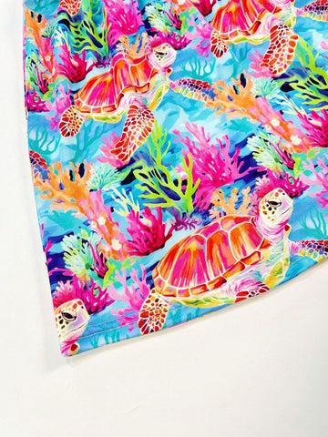 Young Girl Ocean Animal Printed Dress With Turtle, Seaweed And Ruffle Detail For Spring, Summer And Autumn