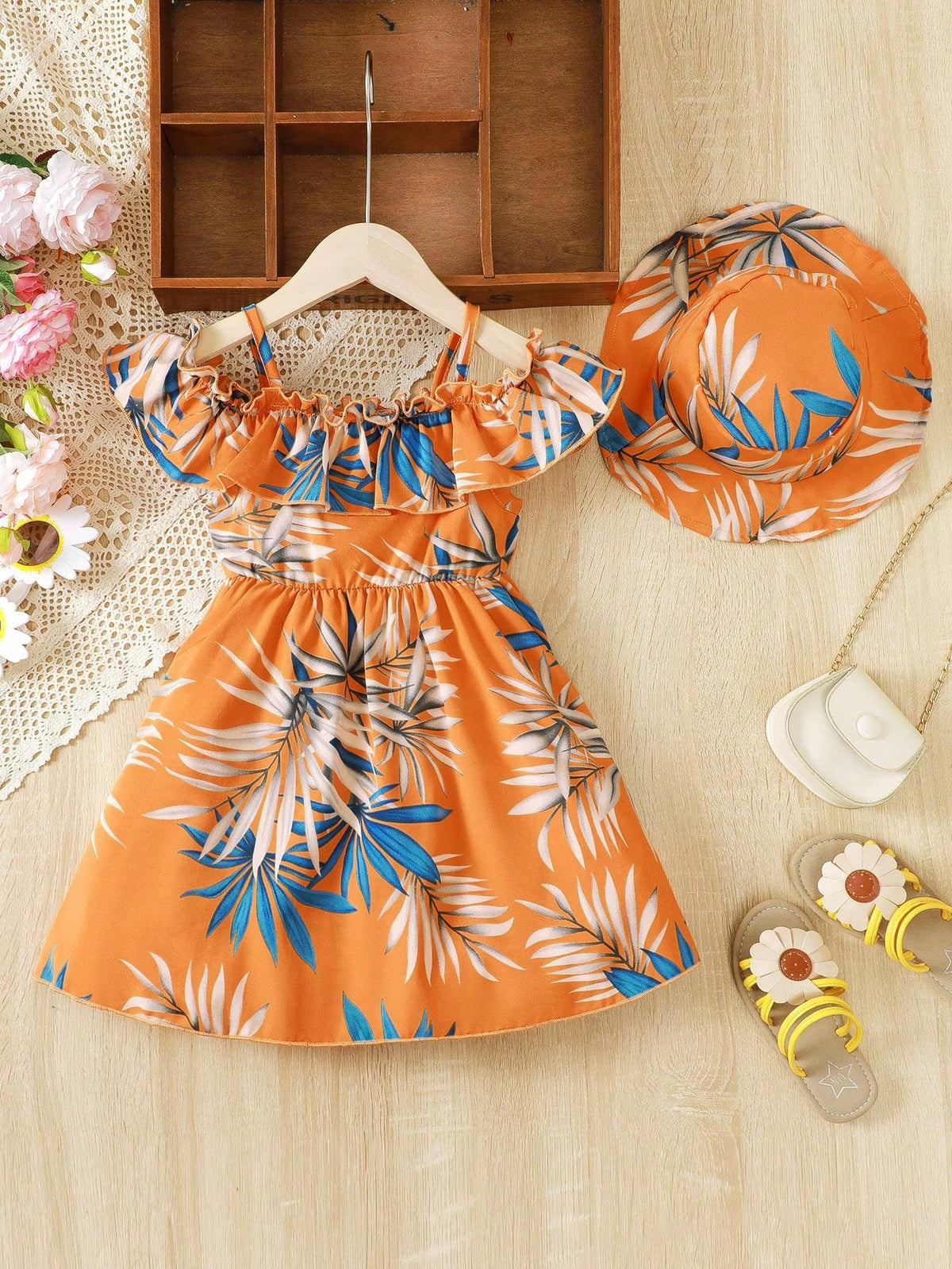 Young Girl Off-Shoulder Tropical Leaf Printed Vacation Style Dress With Ruffle Hem Including Hat For Summer