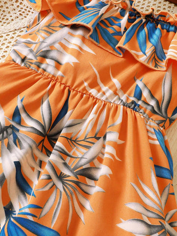 Young Girl Off-Shoulder Tropical Leaf Printed Vacation Style Dress With Ruffle Hem Including Hat For Summer