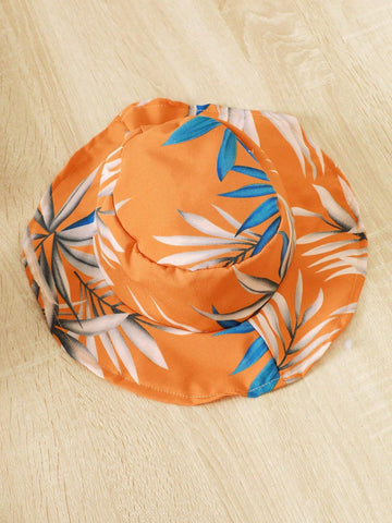 Young Girl Off-Shoulder Tropical Leaf Printed Vacation Style Dress With Ruffle Hem Including Hat For Summer