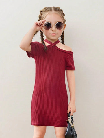 Young Girl Off Shoulder Striped Dress, Comfortable, Lovely And Sweet, Suitable For Summer
