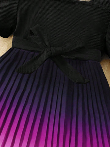 Young Girl Ombre Color Pleated Hemline Belted Dress For Summer