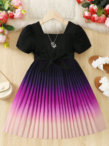 Young Girl Ombre Color Pleated Hemline Belted Dress For Summer