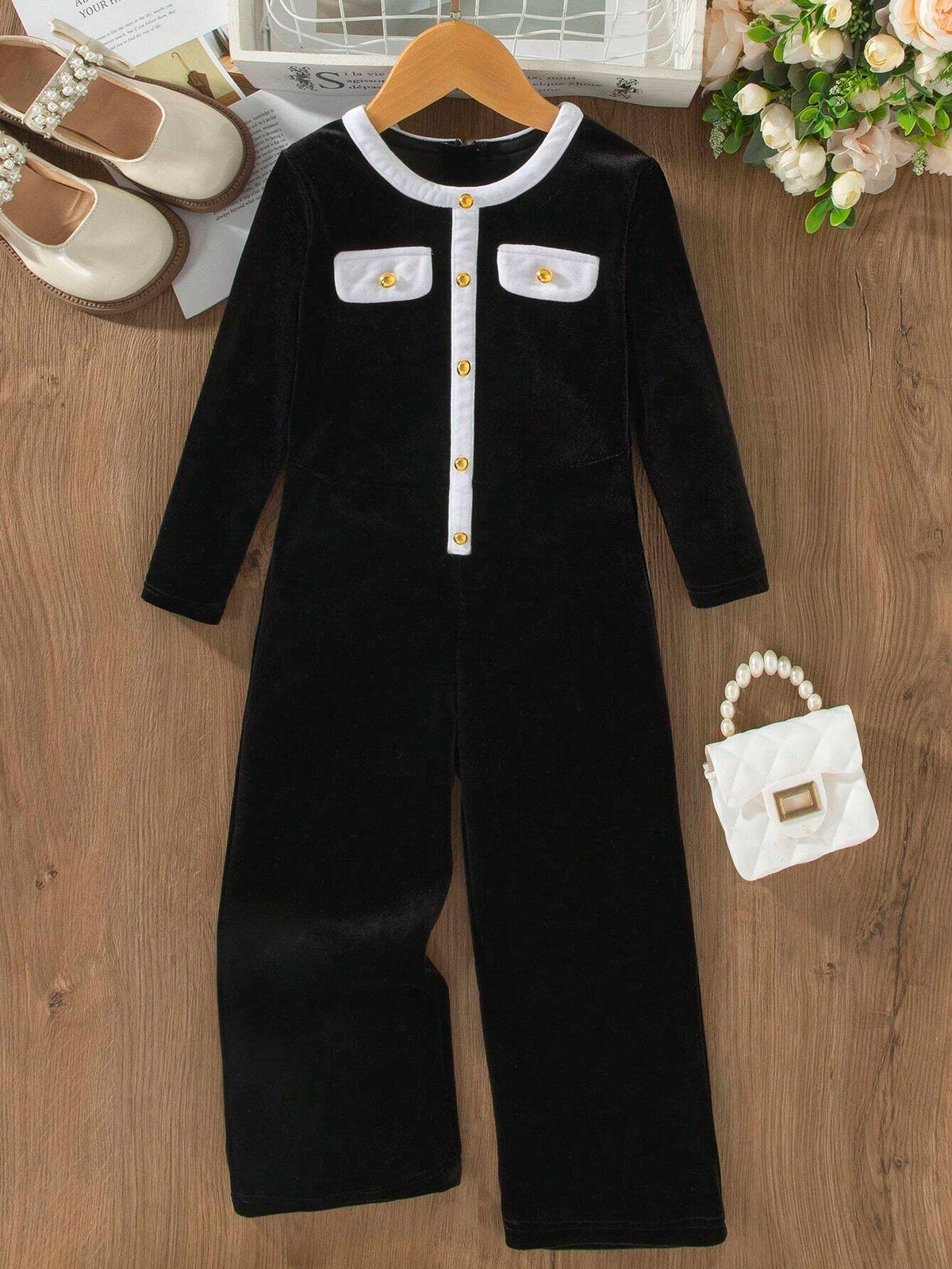 Young Girl One-Piece Jumpsuit With Long Sleeves, Contrast Trim & Decorative Pockets, Comfortable Stretchy Fabric