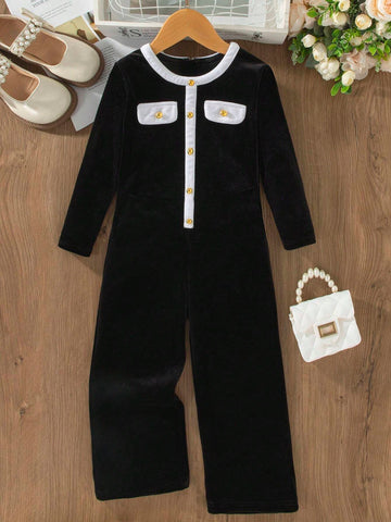 Young Girl One-Piece Jumpsuit With Long Sleeves, Contrast Trim & Decorative Pockets, Comfortable Stretchy Fabric