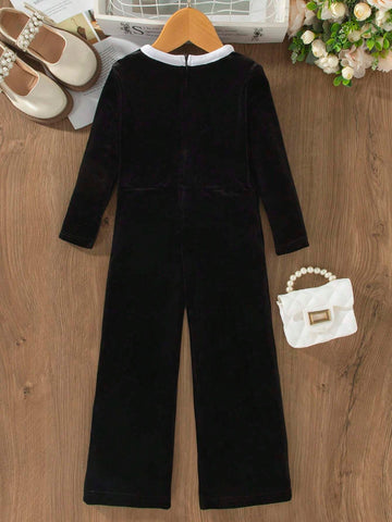 Young Girl One-Piece Jumpsuit With Long Sleeves, Contrast Trim & Decorative Pockets, Comfortable Stretchy Fabric