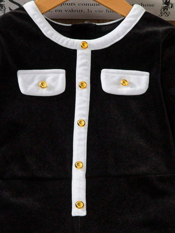 Young Girl One-Piece Jumpsuit With Long Sleeves, Contrast Trim & Decorative Pockets, Comfortable Stretchy Fabric