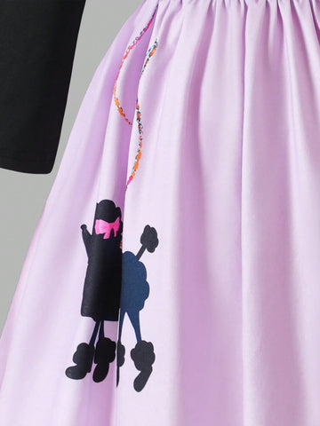 Young Girl Open Shoulder Black Flare Sleeve Purple Dress With Cartoon Animal Pearl Print, Fashionable And Cute Design