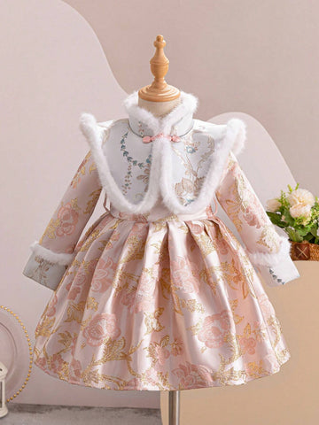 Young Girl' Orange Chinese New Year Dress, Traditional Jacquard Design Mini Qipao